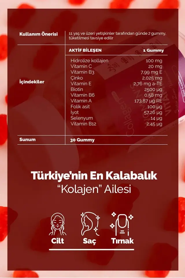 Saç Vitamini Gummies 60 Adet – Biotin ve Multivitamin İçeren Saç, Cilt & Tırnak Desteği