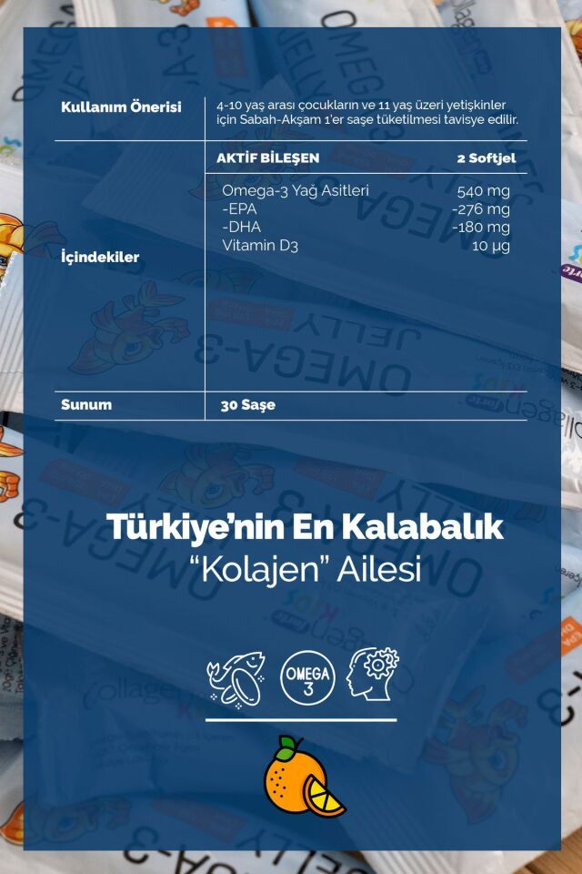 Omega-3 Kids & D3 Jel Balık Yağı, 30 Şase Portakal