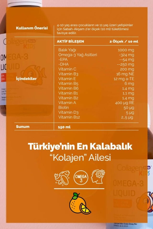 Collagenforte Omega-3 Kids Liquid & Multivitamin 150ml Çocuklar Için Portakal Aromalı Sıvı Balık Yağı
