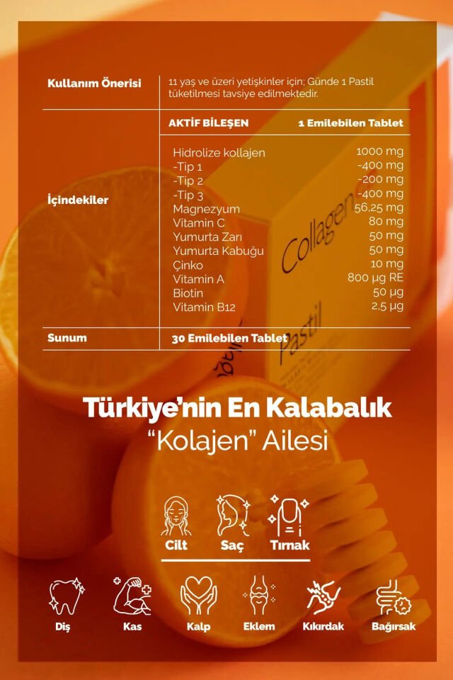 Collagenforte 5 Tip Kolajen Pastil 2000 mg – Biotin, A, C, B12 Vitamini ve Magnezyum İçeren Portakal Aromalı 30 Pastil,