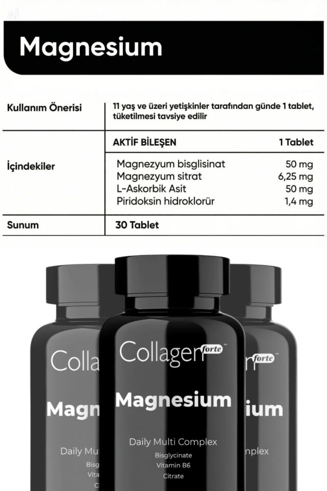Collagenforte Magnezyum Complex 500 mg 30 Tablet – Bisiglinat Sitrat B6 & C Vitamini