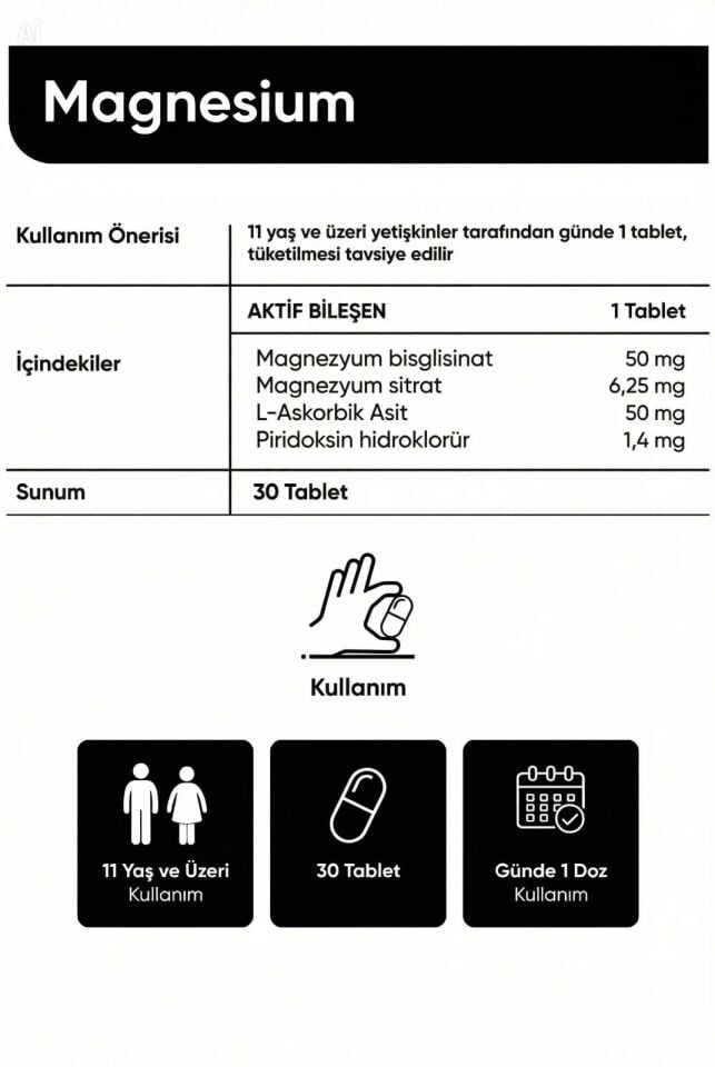 Magnezyum Complex Bisglisinat & Sitrat 500 mg, 30 Tablet