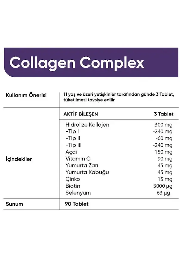 5 Tip Kolajen Complex Tip 1,2,3,5 Ve Tip 10 Biotin, Çinko, Selenyum, Vitamin C & Açai, 90 Tablet ''LİLA''