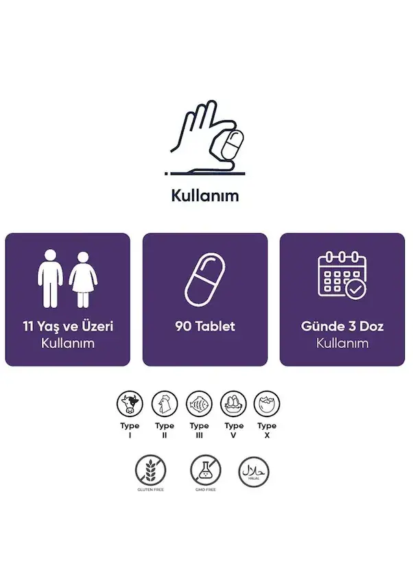 5 Tip Kolajen Complex Tip 1,2,3,5 Ve Tip 10 Biotin, Çinko, Selenyum, Vitamin C & Açai, 90 Tablet ''LİLA''