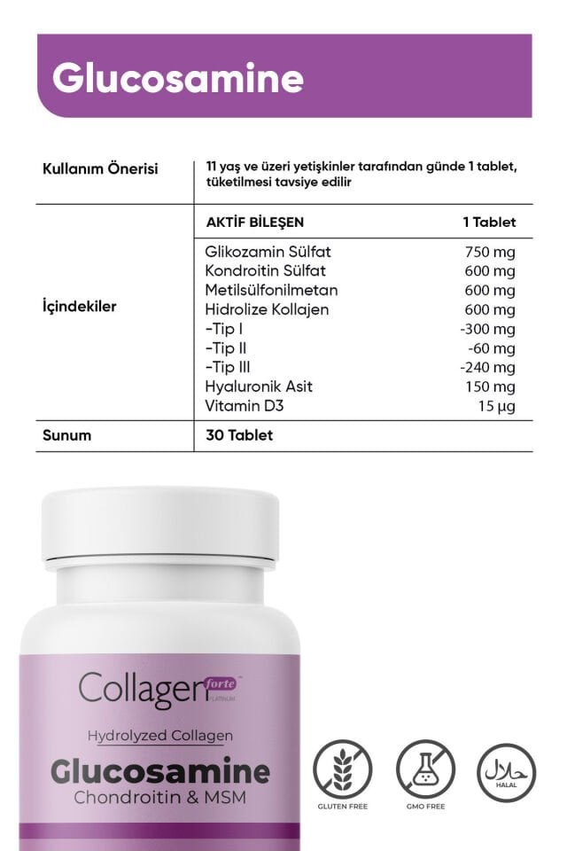 Glukozamin Kondroitin MSM & Kolajen 1500 mg, 30 Tablet