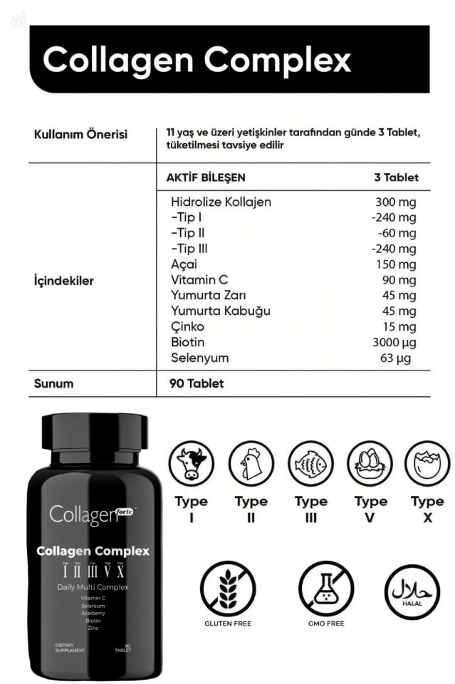 5 Tip Kolajen + Açai Complex, 90 Tablet