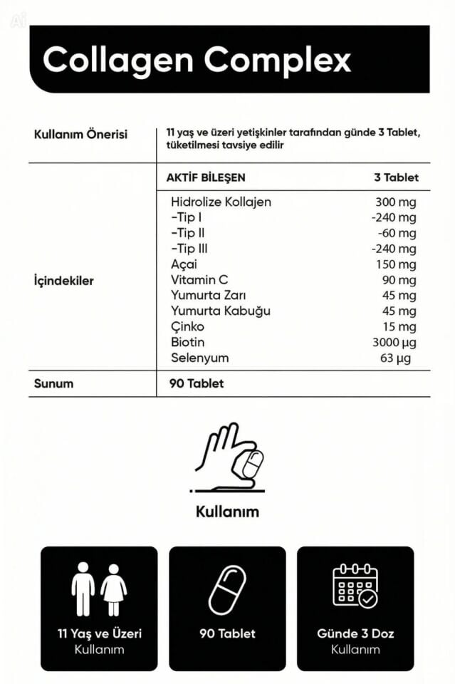 5 Tip Kolajen Complex Tip 1,2,3,5 Ve Tip 10 Biotin, Çinko, Selenyum, Vitamin C & Açai, 90 Tablet