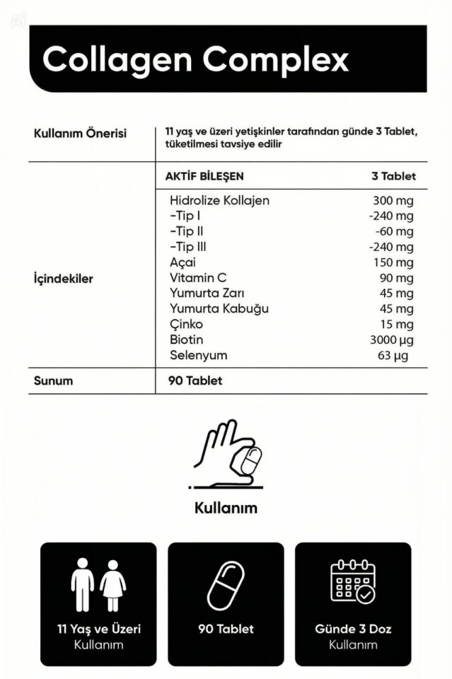5 Tip Kolajen + Açai Complex, 90 Tablet