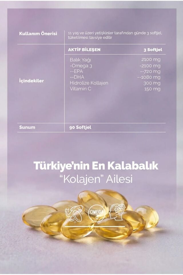 Collagenforte Omega-3 Premium Fish Oil 90 Softgel X 1000mg, Balık Yağı, Hidrolize Kolajen & C Vitamini
