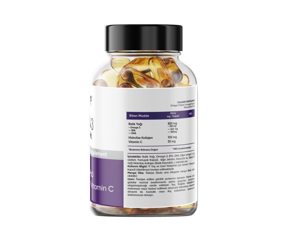 Collagenforte Omega-3 Premium Fish Oil 90 Softgel X 1000mg, Balık Yağı, Hidrolize Kolajen & C Vitamini
