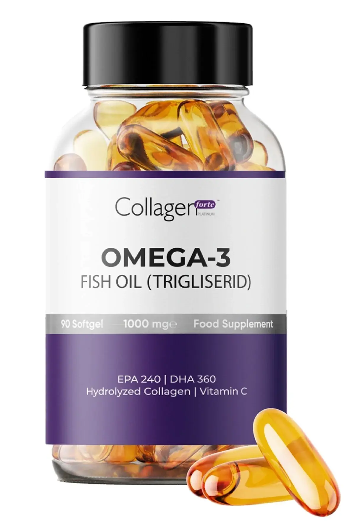 Collagenforte Omega-3 Premium Fish Oil 90 Softgel X 1000mg, Balık Yağı, Hidrolize Kolajen & C Vitamini