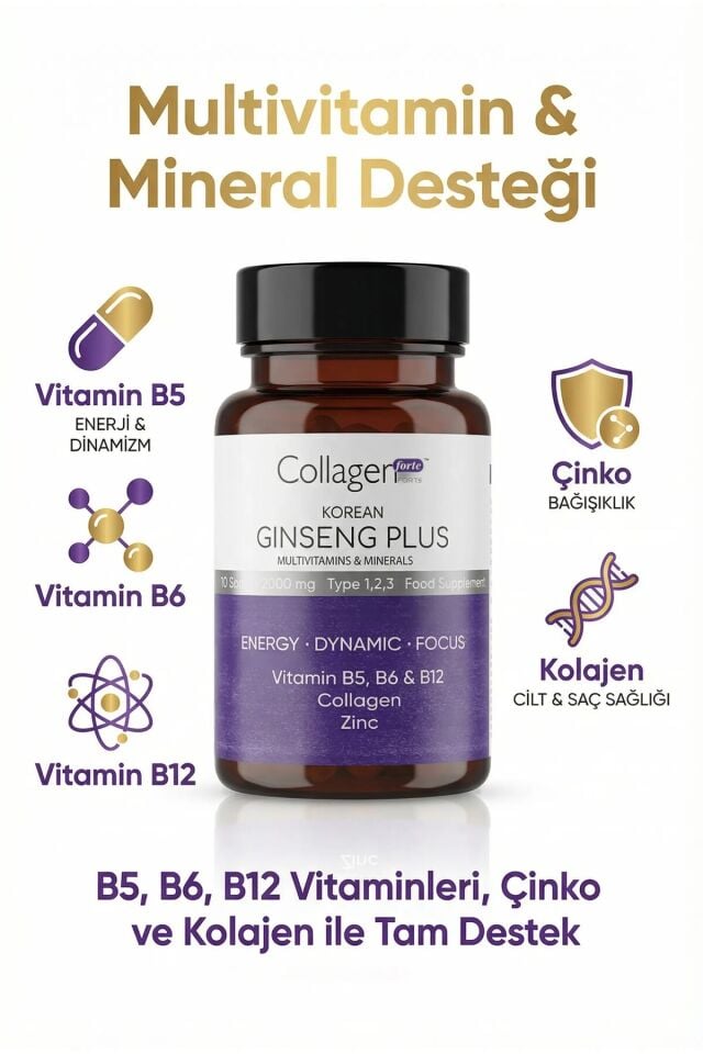 CollagenForte Kırmızı Kore Ginseng Plus 1000 mg – Hidrolize Kolajen, Vitamin B5, B6, B12, Çinko İçeren Enerji & Bağışıklık Destekleyici Softgel
