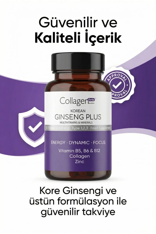 CollagenForte Kırmızı Kore Ginseng Plus 1000 mg – Hidrolize Kolajen, Vitamin B5, B6, B12, Çinko İçeren Enerji & Bağışıklık Destekleyici Softgel