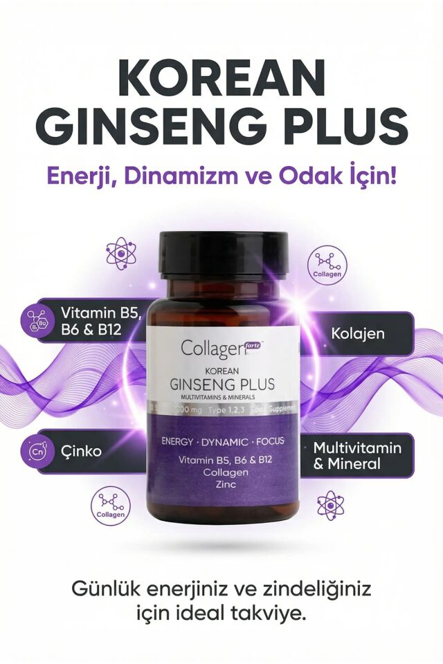 CollagenForte Kırmızı Kore Ginseng Plus 1000 mg – Hidrolize Kolajen, Vitamin B5, B6, B12, Çinko İçeren Enerji & Bağışıklık Destekleyici Softgel