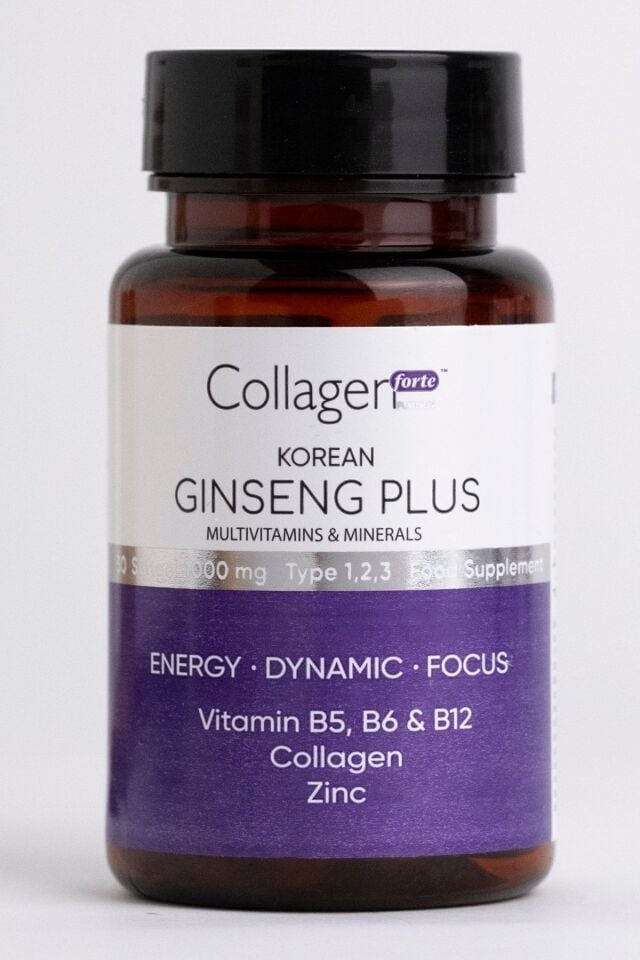 CollagenForte Kırmızı Kore Ginseng Plus 1000 mg – Hidrolize Kolajen, Vitamin B5, B6, B12, Çinko İçeren Enerji & Bağışıklık Destekleyici Softgel