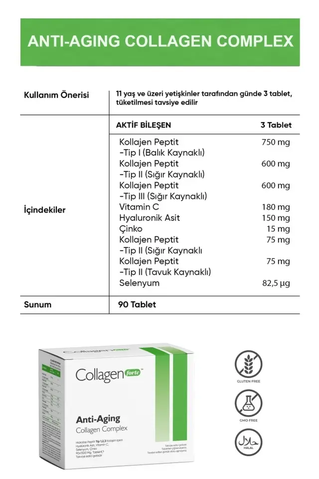 Collagenforte Anti-Aging Kolajen Complex & Multivitamin 1500 mg x 90 Tablet | 3 Tip Kolajen & Hyalüronik Asit Takviyesi
